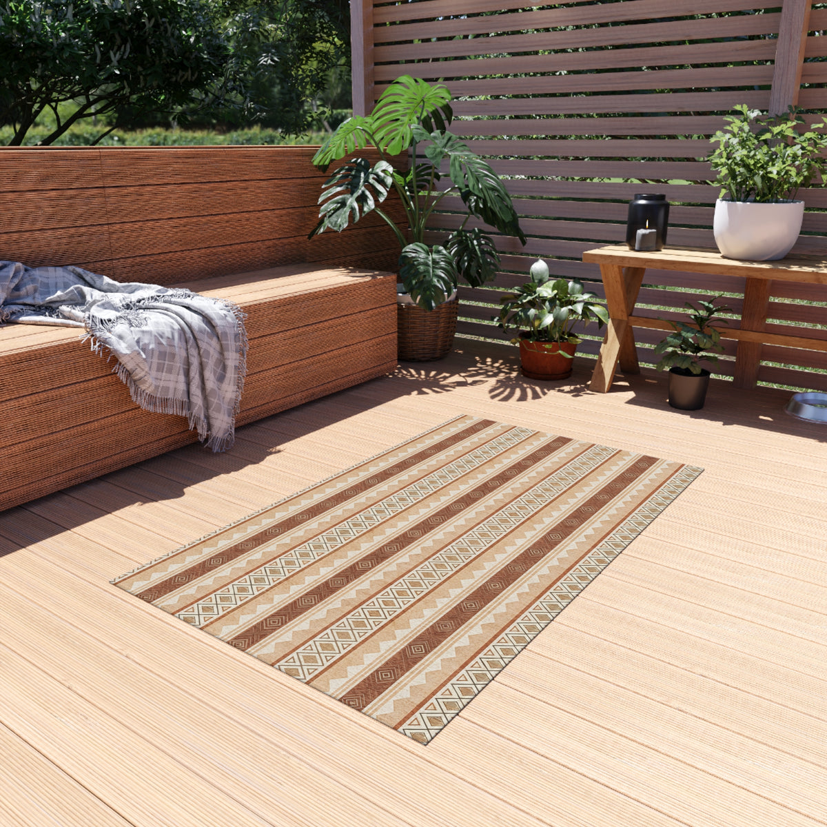 Terracotta kilim outdoor rug — soft polyester chenille with a non-slip backing