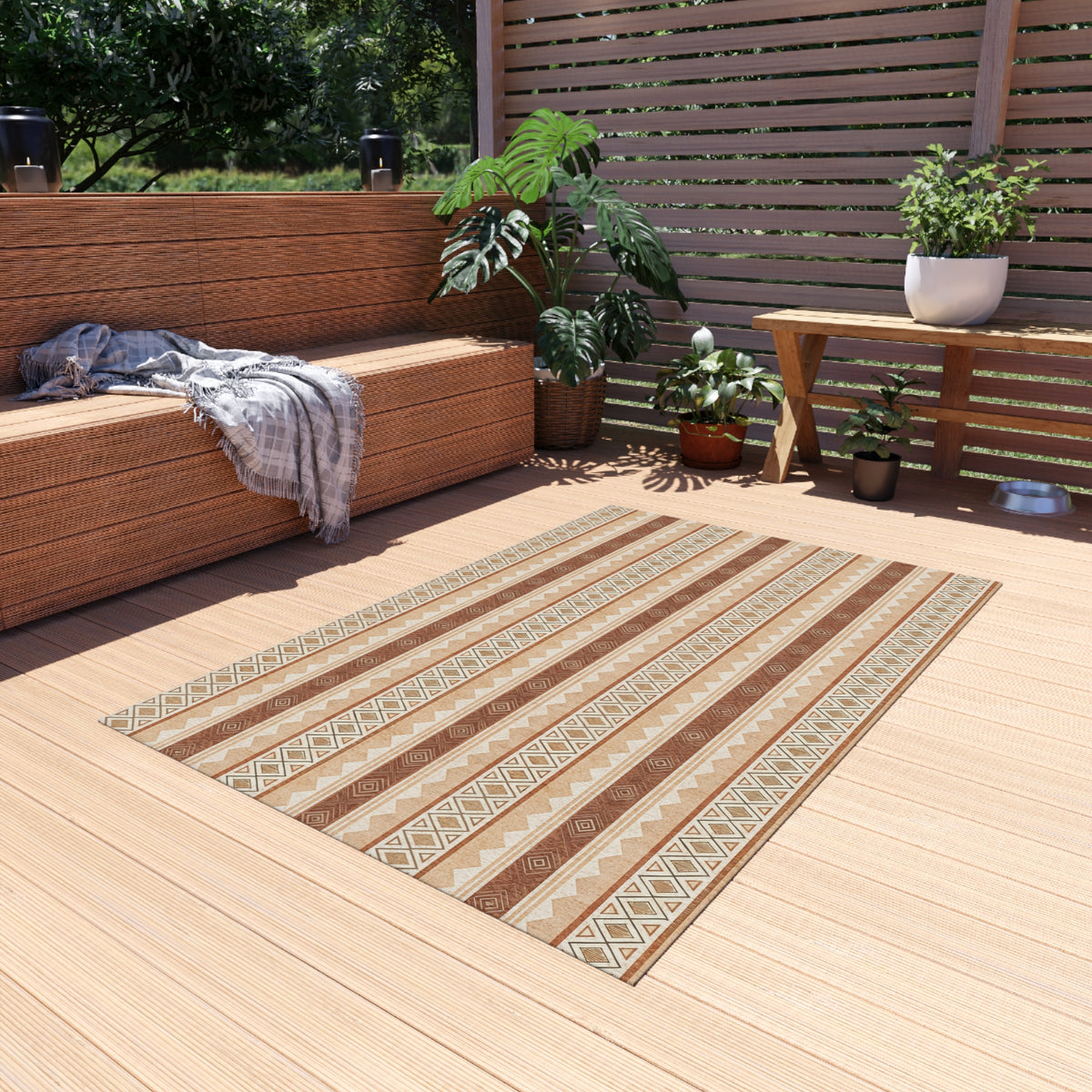 Terracotta kilim outdoor rug — soft polyester chenille with a non-slip backing