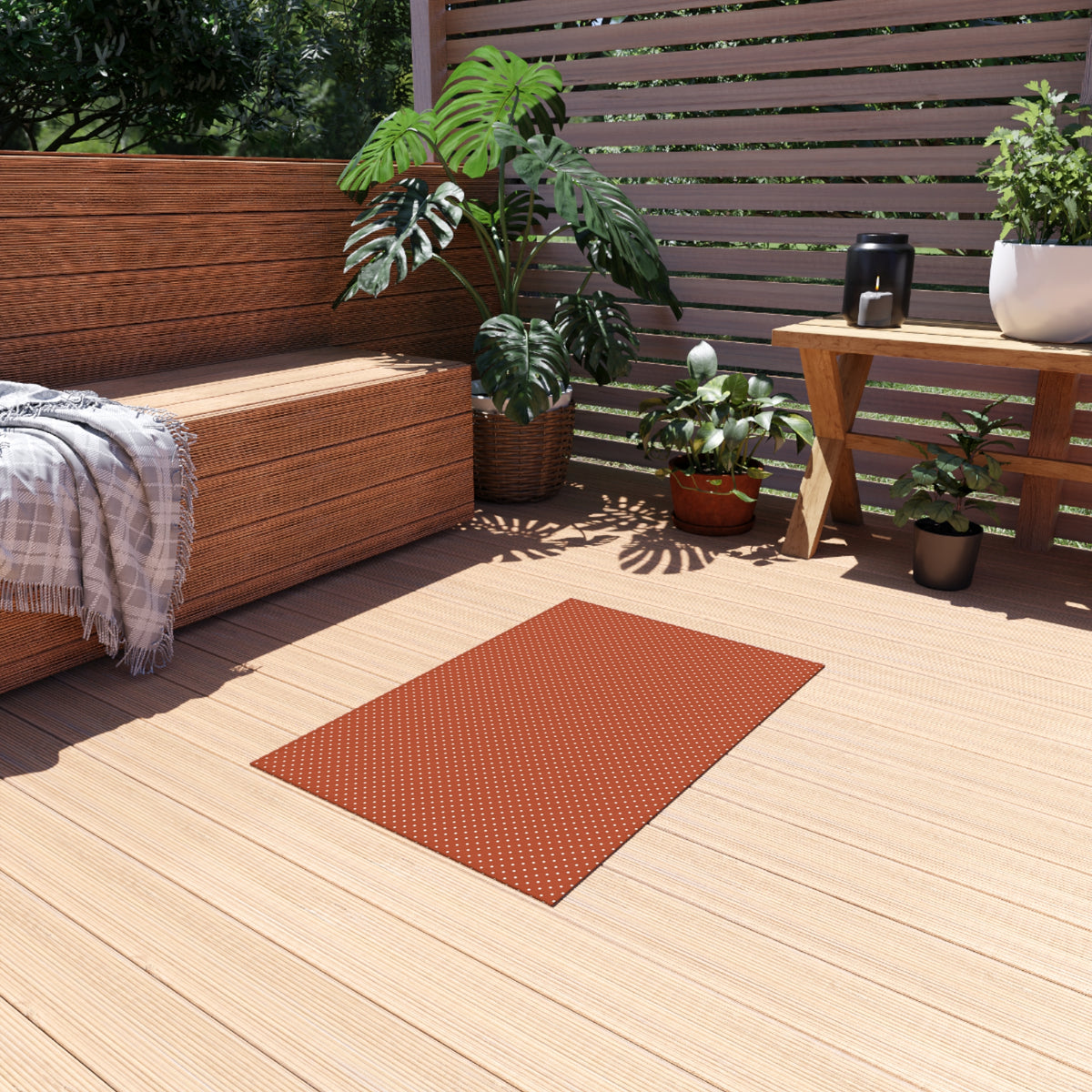 Terracotta pin dot outdoor rug — soft polyester chenille with a non-slip backing