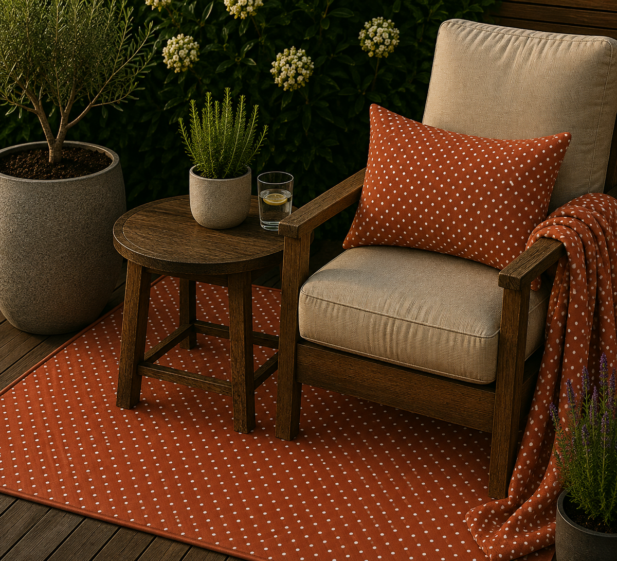 Terracotta pin dot outdoor set — matching rug, pillow and fleece blanket