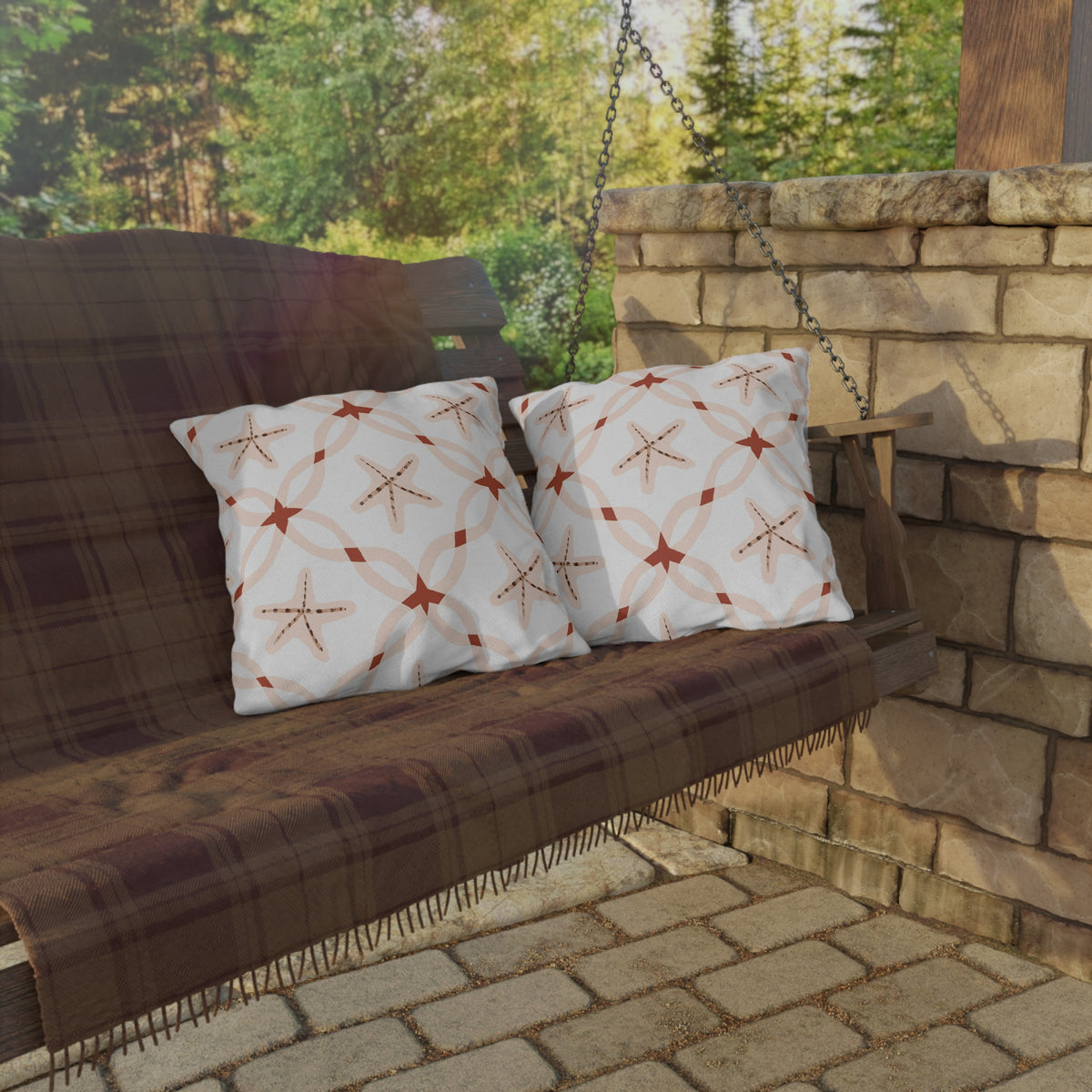 Terracotta starfish lattice outdoor pillow — spun polyester, UV and water resistant