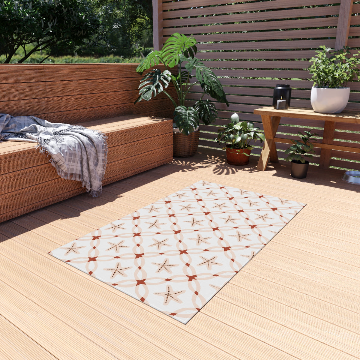 Terracotta starfish lattice outdoor rug — soft polyester chenille with a non-slip backing