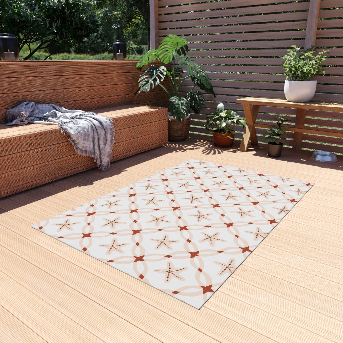 Terracotta starfish lattice outdoor rug — soft polyester chenille with a non-slip backing