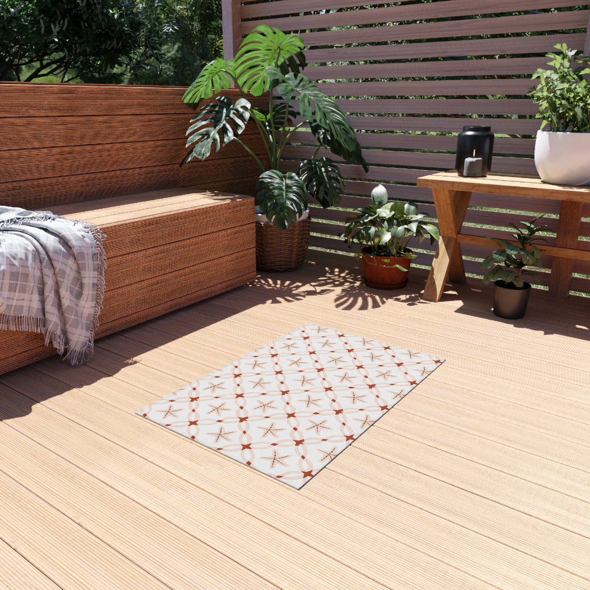 Terracotta starfish lattice outdoor rug — soft polyester chenille with a non-slip backing