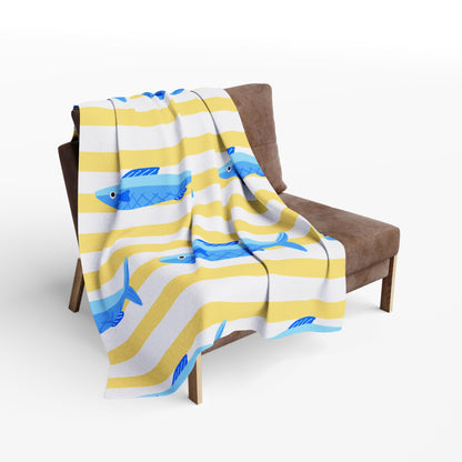 Yellow stripe and blue fish outdoor fleece blanket — 315 gsm polyester fleece, soft on both sides