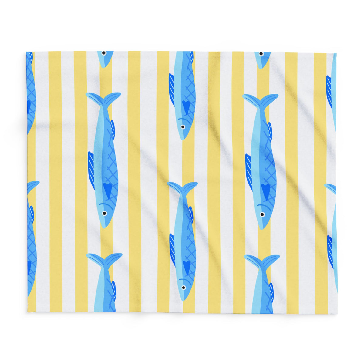 Yellow stripe and blue fish outdoor fleece blanket — 315 gsm polyester fleece, soft on both sides