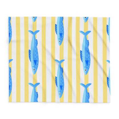 Yellow stripe and blue fish outdoor fleece blanket — 315 gsm polyester fleece, soft on both sides