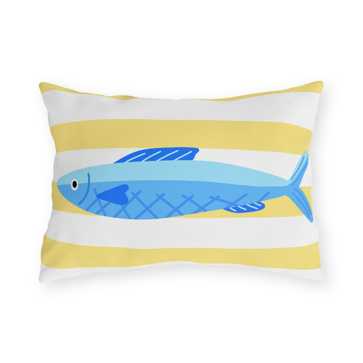 Yellow stripe and blue fish lumbar outdoor pillow — spun polyester, UV and water resistant