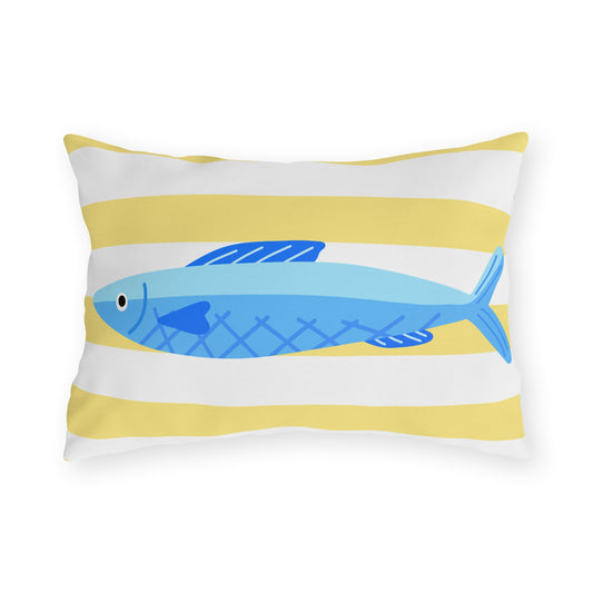 Yellow stripe and blue fish lumbar outdoor pillow — spun polyester, UV and water resistant