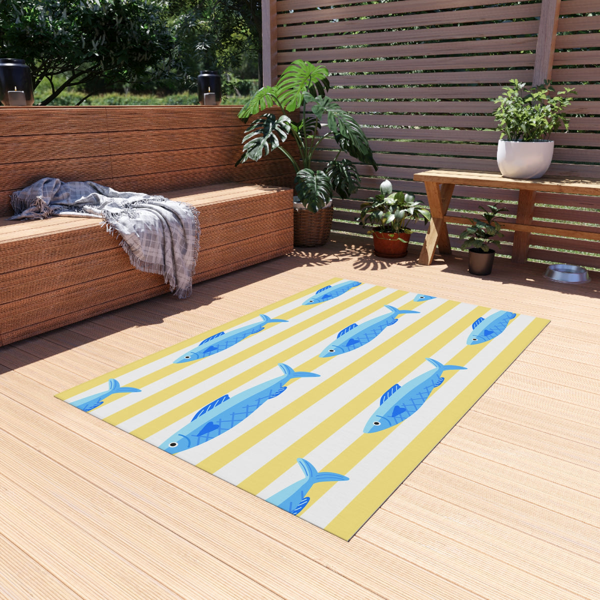 Yellow stripe and blue fish outdoor rug — soft polyester chenille with a non-slip backing