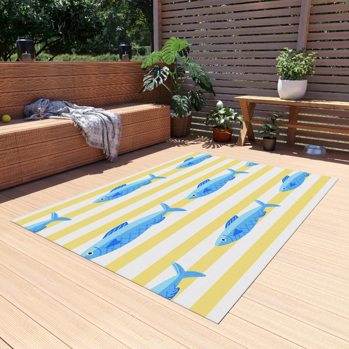 Yellow stripe and blue fish outdoor rug — soft polyester chenille with a non-slip backing