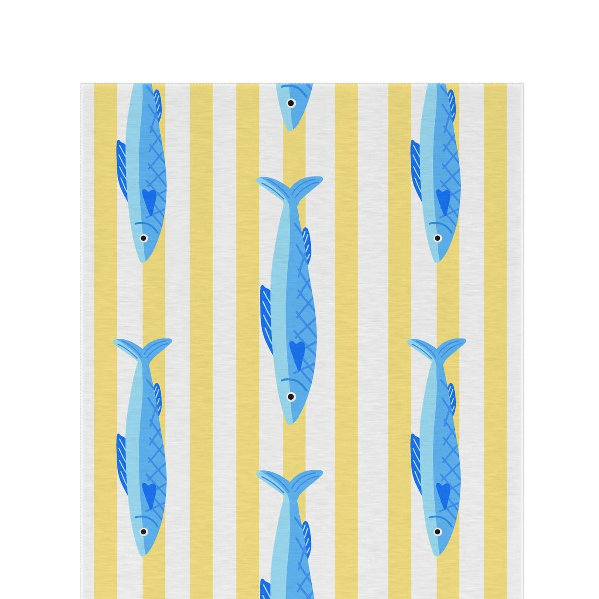 Yellow stripe and blue fish outdoor rug — soft polyester chenille with a non-slip backing