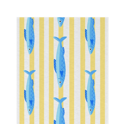 Yellow stripe and blue fish outdoor rug — soft polyester chenille with a non-slip backing