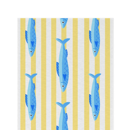 Yellow stripe and blue fish outdoor rug — soft polyester chenille with a non-slip backing